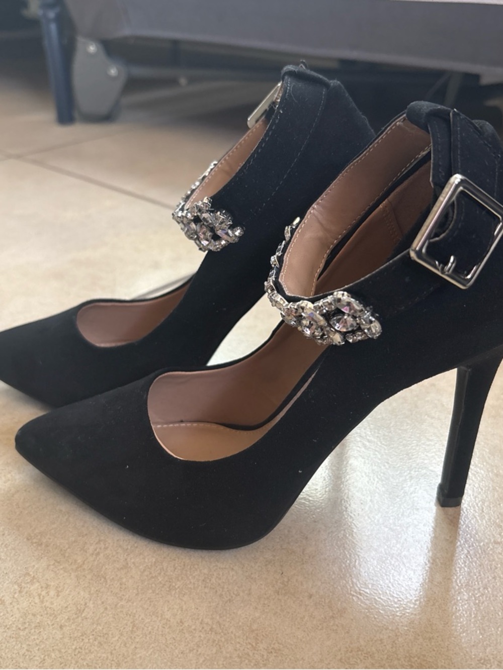 Abound Black Suede Pointed Toe Ankle Strap Pumps with Crystal Accent - Picture 4 of 8